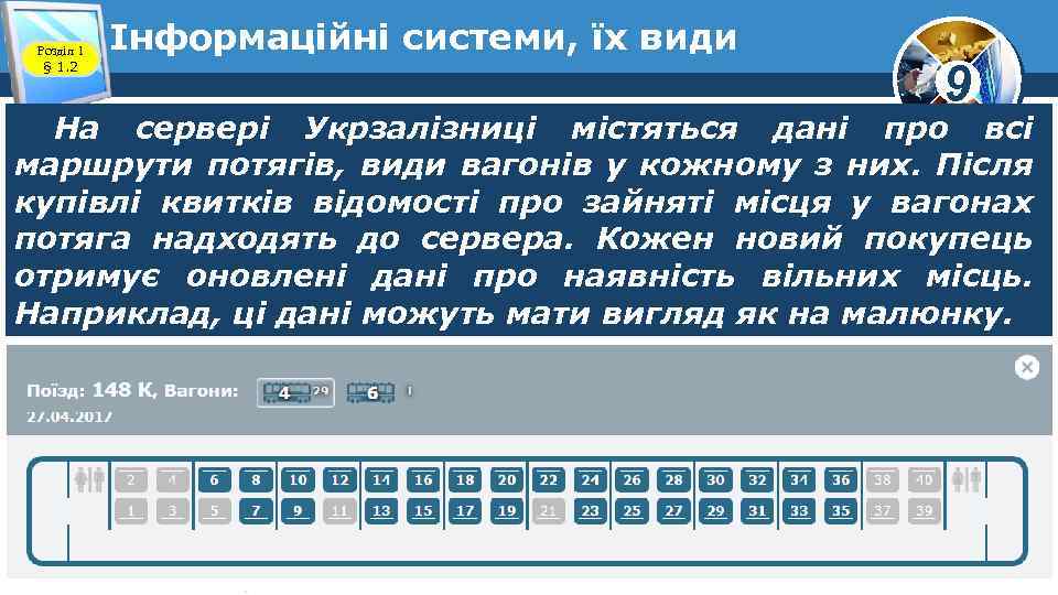 Розділ 1 § 1. 2 Інформаційні системи, їх види 9 На сервері Укрзалізниці містяться