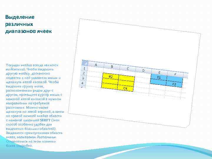 Выделение различных диапазонов ячеек Текущая ячейка всегда является выделенной. Чтобы выделить другую ячейку, достаточно