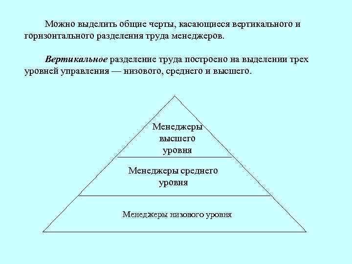 Можно выделить общие черты, касающиеся вертикального и горизонтального разделения труда менеджеров. Вертикальное разделение труда