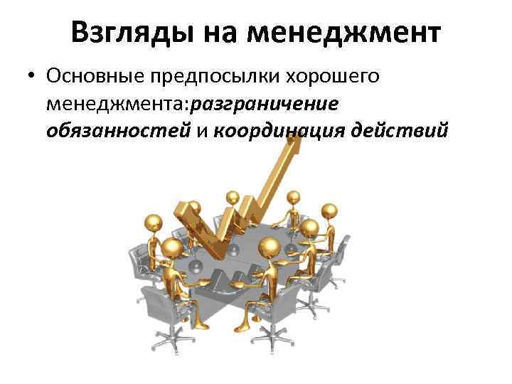 Взгляды на менеджмент • Основные предпосылки хорошего менеджмента: разграничение обязанностей и координация действий 