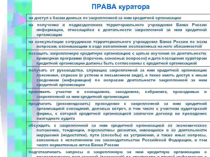 ПРАВА куратора на доступ к базам данных по закрепленной за ним кредитной организации на