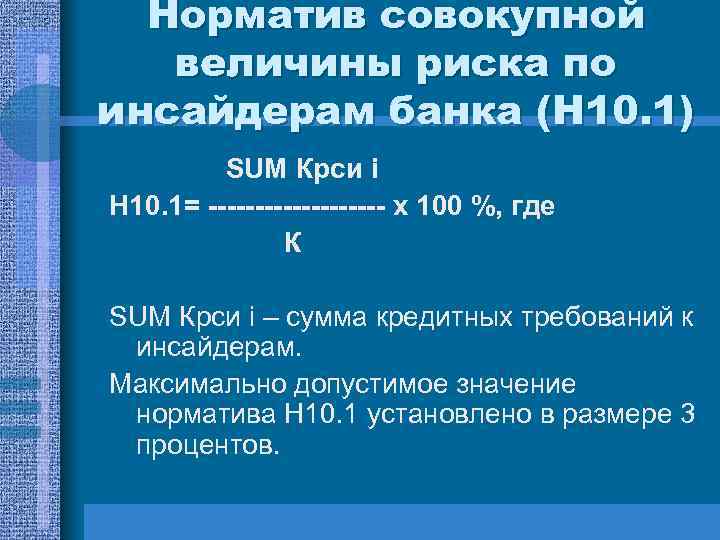 Норматив совокупной величины риска по инсайдерам банка (Н 10. 1) SUM Крси i Н