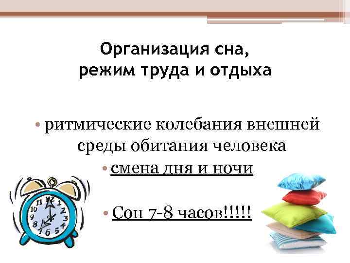 Организация сна, режим труда и отдыха • ритмические колебания внешней среды обитания человека •