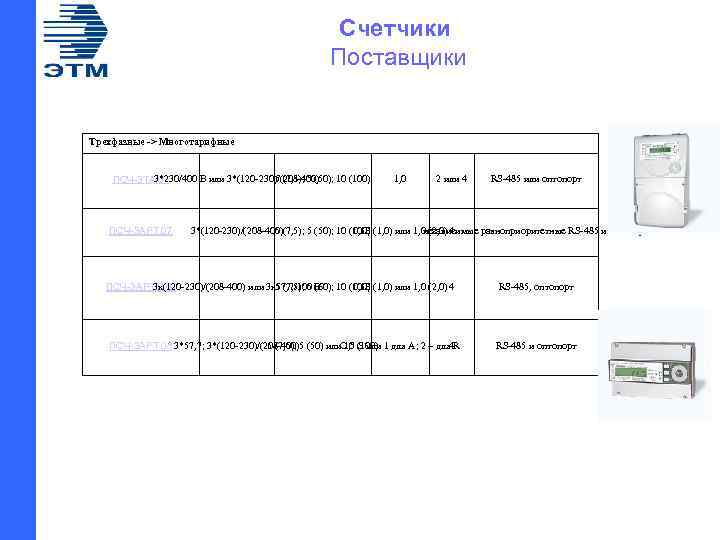 Счетчики Поставщики Трехфазные -> Многотарифные 3*230/400 В или 3*(120 -230)/(208 -400) 5 (7, 5);