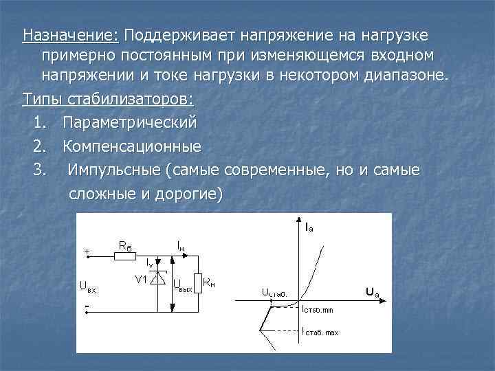 Назначение: Поддерживает напряжение на нагрузке примерно постоянным при изменяющемся входном напряжении и токе нагрузки