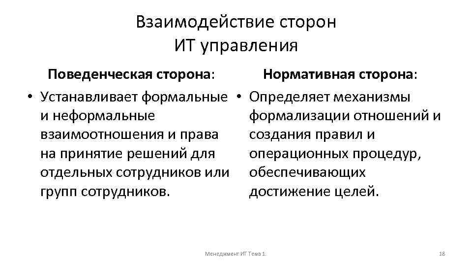 Взаимодействие сторон ИТ управления Нормативная сторона: Поведенческая сторона: • Устанавливает формальные • Определяет механизмы