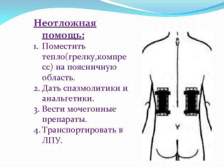 Неотложная помощь: 1. Поместить тепло(грелку, компре сс) на поясничную область. 2. Дать спазмолитики и