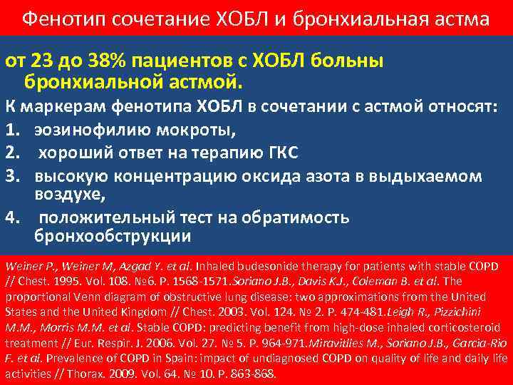 Фенотип сочетание ХОБЛ и бронхиальная астма от 23 до 38% пациентов с ХОБЛ больны