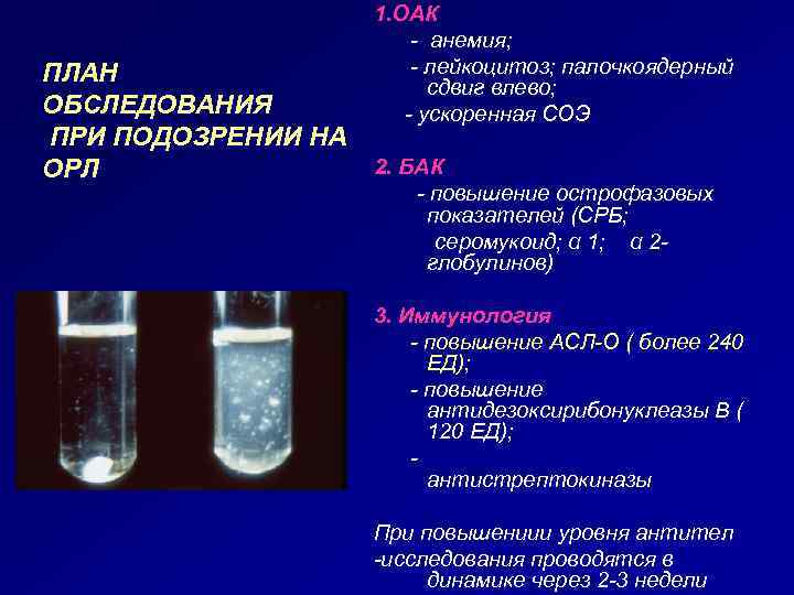 1. ОАК - анемия; - лейкоцитоз; палочкоядерный сдвиг влево; - ускоренная СОЭ ПЛАН ОБСЛЕДОВАНИЯ