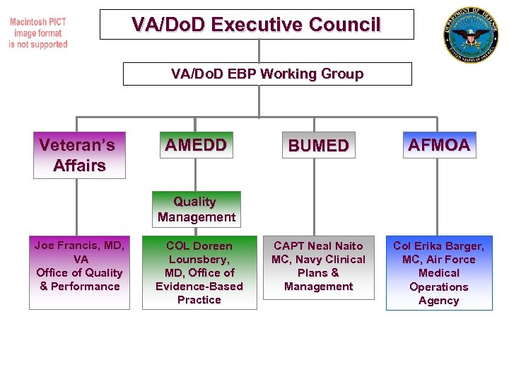 VA/Do. D Executive Council VA/Do. D EBP Working Group Veteran’s Affairs AMEDD BUMED AFMOA