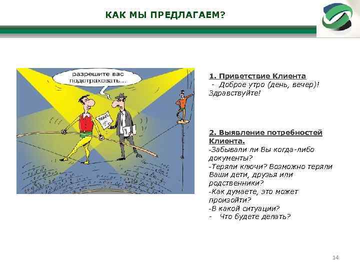 КАК МЫ ПРЕДЛАГАЕМ? 1. Приветствие Клиента - Доброе утро (день, вечер)! Здравствуйте! 2. Выявление