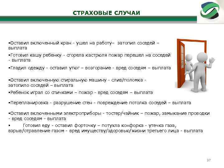 СТРАХОВЫЕ СЛУЧАИ Оставил включенный кран - ушел на работу– затопил соседей – выплата Готовил