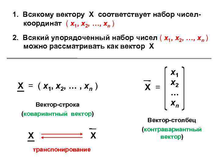 1. Всякому вектору Х соответствует набор чиселкоординат ( х1, х2, …, хn ) 2.