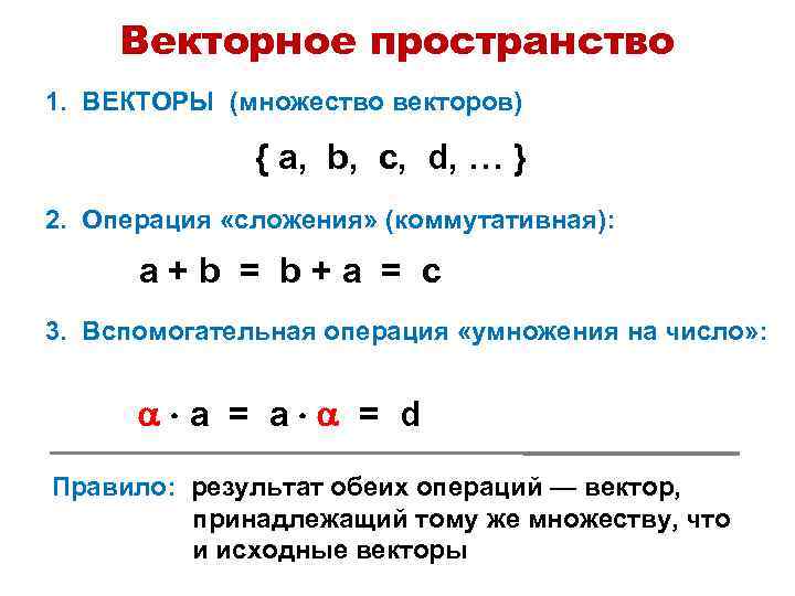 Векторное пространство 1. ВЕКТОРЫ (множество векторов) { a, b, c, d, … } 2.