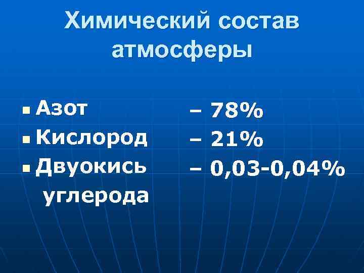 Химический состав атмосферы Азот n Кислород n Двуокись углерода n – 78% – 21%