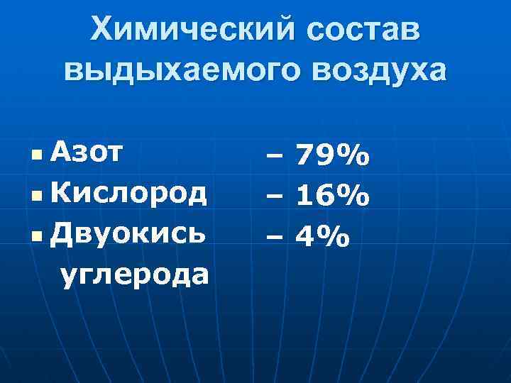 Химический состав выдыхаемого воздуха Азот n Кислород n Двуокись углерода n – 79% –