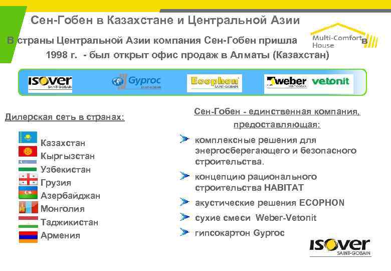 Сен-Гобен в Казахстане и Центральной Азии В страны Центральной Азии компания Сен-Гобен пришла 1998