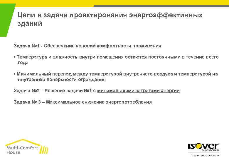 Цели и задачи проектирования энергоэффективных зданий Задача № 1 - Обеспечение условий комфортности проживания