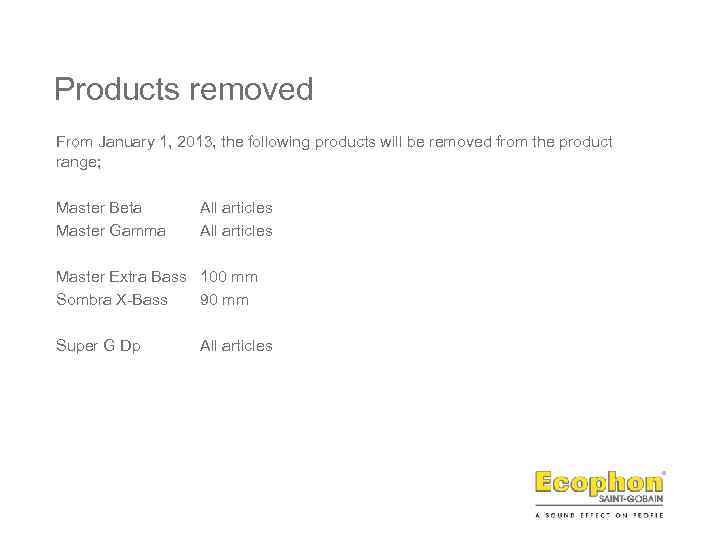 Products removed From January 1, 2013, the following products will be removed from the