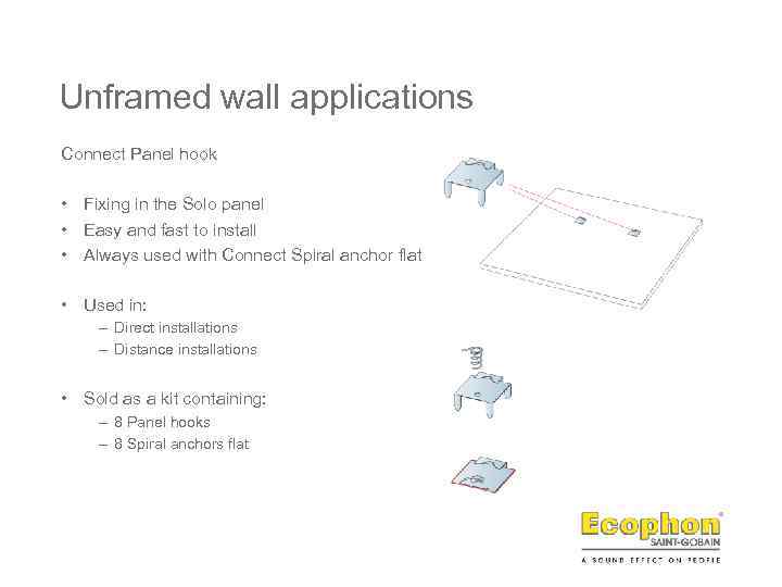 Unframed wall applications Connect Panel hook • Fixing in the Solo panel • Easy