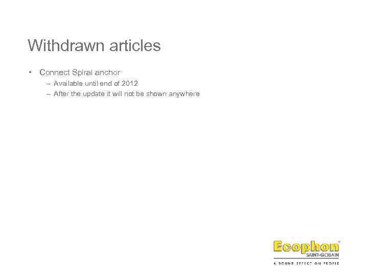 Withdrawn articles • Connect Spiral anchor – Available until end of 2012 – After