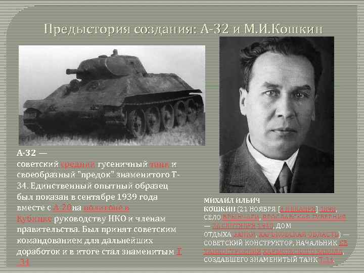 Предыстория создания: А-32 и М. И. Кошкин А-32 — советский средний гусеничный танк и