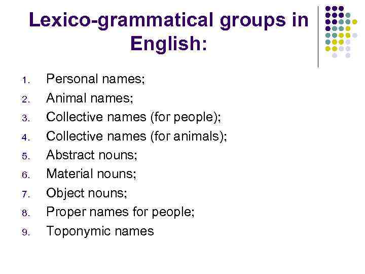 Lexico-grammatical groups in English: 1. 2. 3. 4. 5. 6. 7. 8. 9. Personal