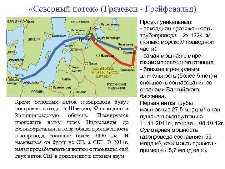  «Северный поток» (Грязовец - Грейфсвальд) Кроме основных ниток газопровода будут построены отводы в