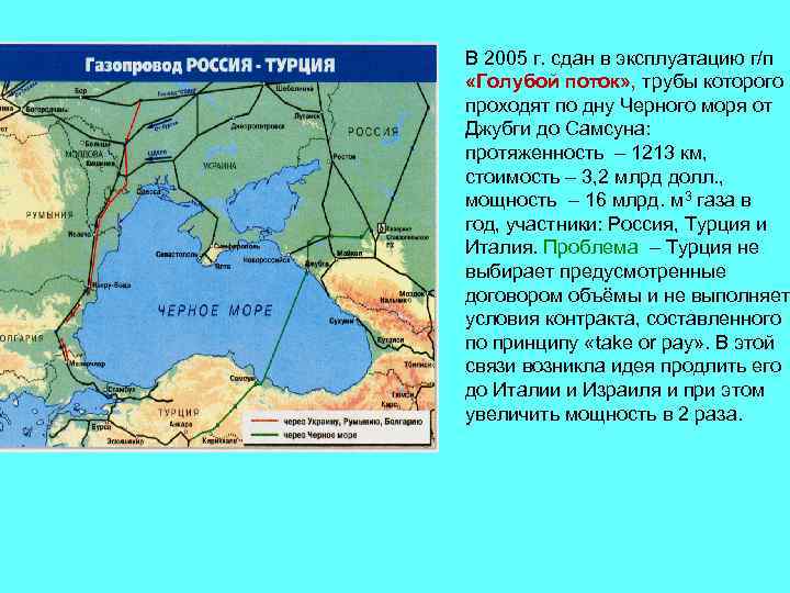 В 2005 г. сдан в эксплуатацию г/п «Голубой поток» , трубы которого проходят по