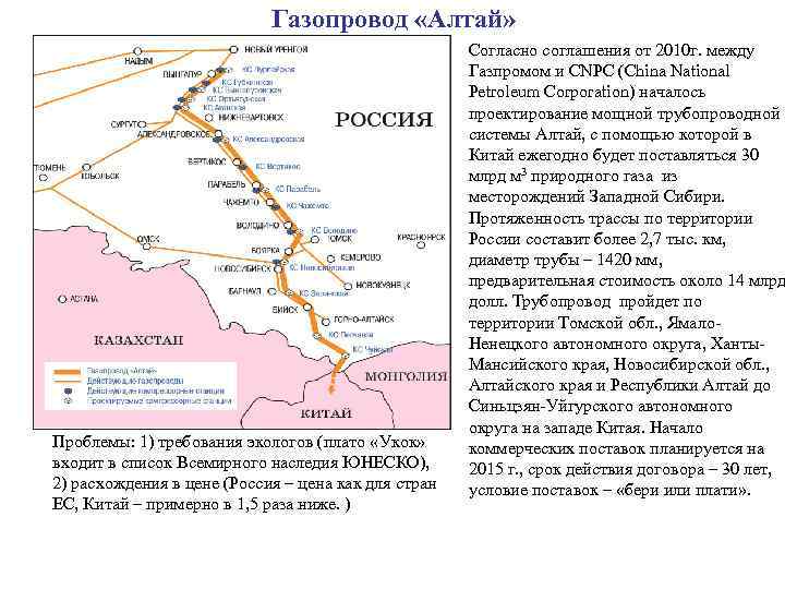 Газопровод «Алтай» Проблемы: 1) требования экологов (плато «Укок» входит в список Всемирного наследия ЮНЕСКО),