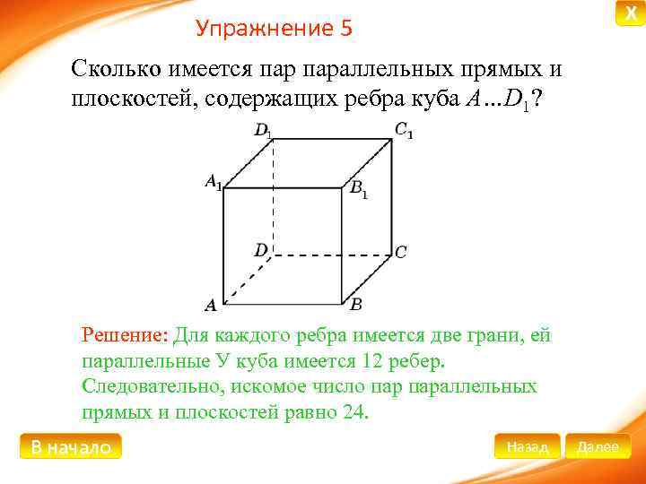 X Упражнение 5 Сколько имеется параллельных прямых и плоскостей, содержащих ребра куба A…D 1?