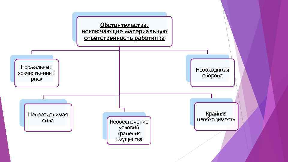 Обстоятельства, исключающие материальную ответственность работника Нормальный хозяйственный риск Непреодолимая сила Необходимая оборона Необеспечение условий