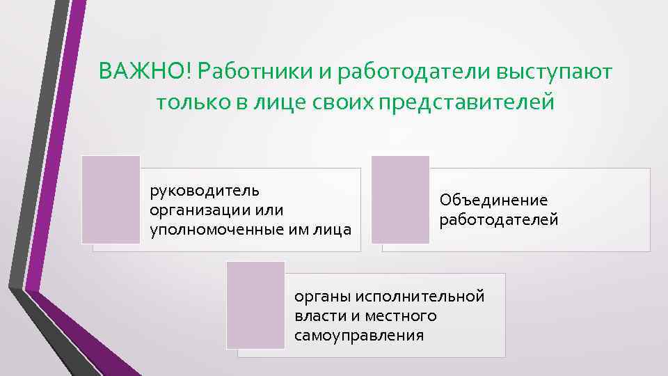 ВАЖНО! Работники и работодатели выступают только в лице своих представителей руководитель организации или уполномоченные