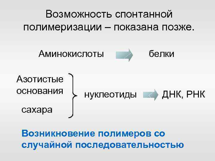 Возможность спонтанной полимеризации – показана позже. Аминокислоты Азотистые основания нуклеотиды белки ДНК, РНК сахара