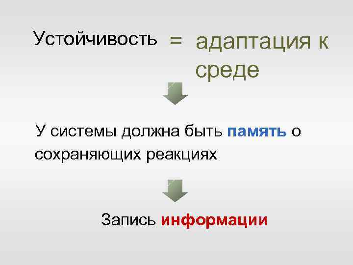 Устойчивость = адаптация к среде У системы должна быть память о сохраняющих реакциях Запись