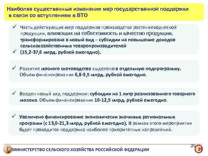 Наиболее существенные изменения мер государственной поддержки в связи со вступлением в ВТО ü Часть