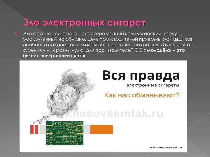 Зло электронных сигарет Электронная сигарета – это современный коммерческий продукт, раскрученный на обмане. Цель