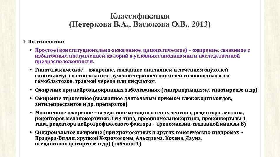 Классификация (Петеркова В. А. , Васюкова О. В. , 2013) 1. По этиологии: •