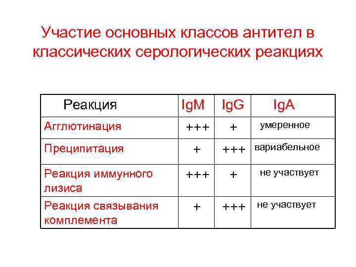 Участие основных классов антител в классических серологических реакциях Реакция Ig. M Ig. G Ig.