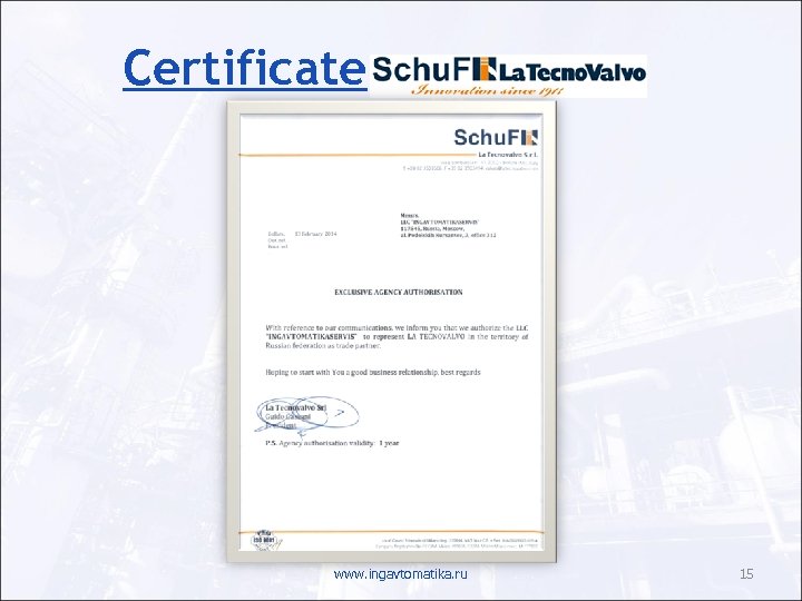 Certificate www. ingavtomatika. ru 15 