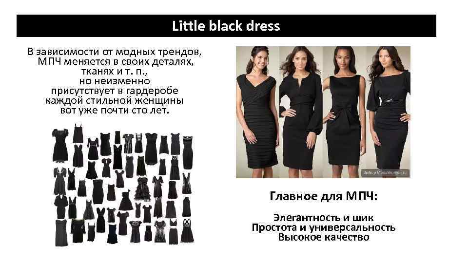 Little black dress В зависимости от модных трендов, МПЧ меняется в своих деталях, тканях