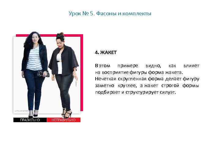 Урок № 5. Фасоны и комплекты 4. ЖАКЕТ В этом примере видно, как влияет