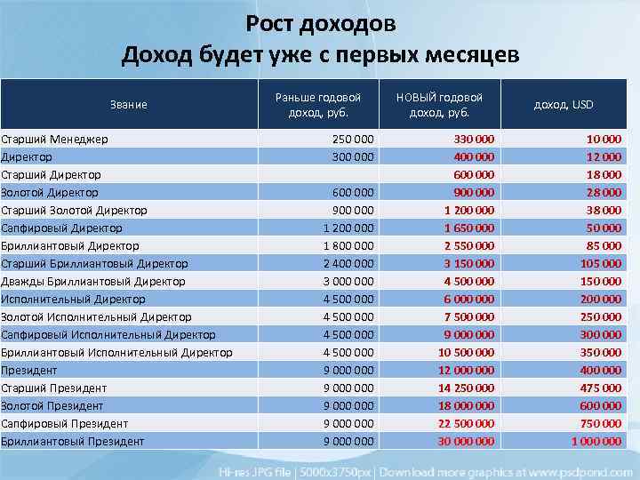 Рост доходов Доход будет уже с первых месяцев Звание Старший Менеджер Директор Старший Директор