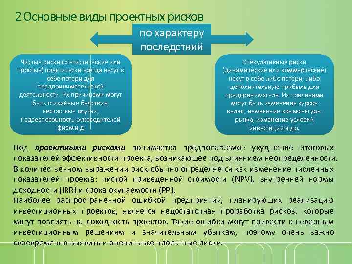 2 Основные виды проектных рисков по характеру последствий Чистые риски (статистические или простые) практически
