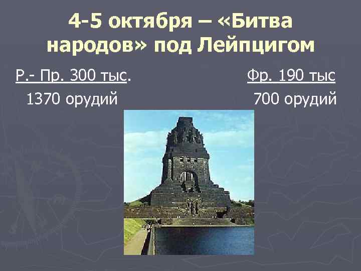 4 -5 октября – «Битва народов» под Лейпцигом Р. - Пр. 300 тыс. 1370