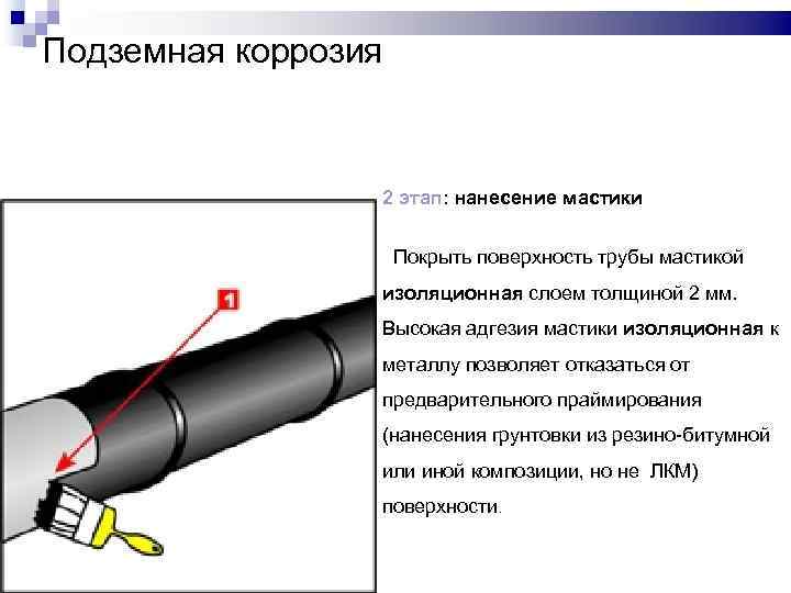 Подземная коррозия 2 этап: нанесение мастики Покрыть поверхность трубы мастикой изоляционная слоем толщиной 2