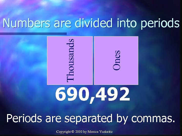 Ones Thousands Numbers are divided into periods 690, 492 Periods are separated by commas.