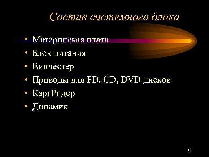 Состав системного блока • • • Материнская плата Блок питания Винчестер Приводы для FD,