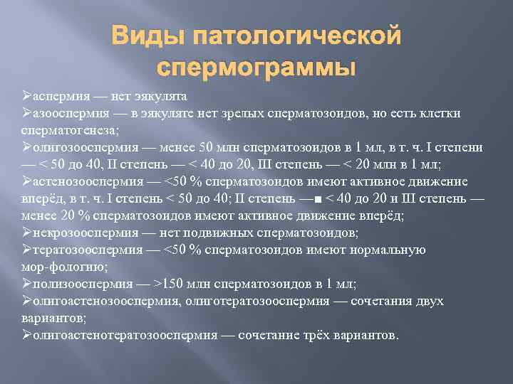 Виды патологической спермограммы Øаспермия — нет эякулята Øазооспермия — в эякуляте нет зрелых сперматозоидов,