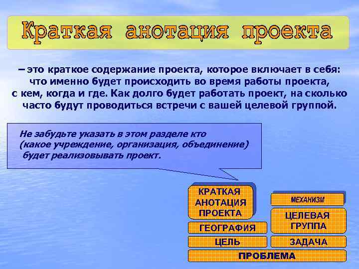 – это краткое содержание проекта, которое включает в себя: что именно будет происходить во